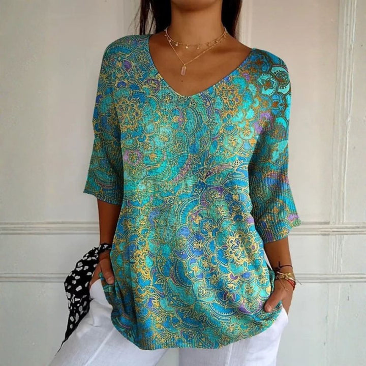 SAGE | PRINTED V NECK BLOUSE